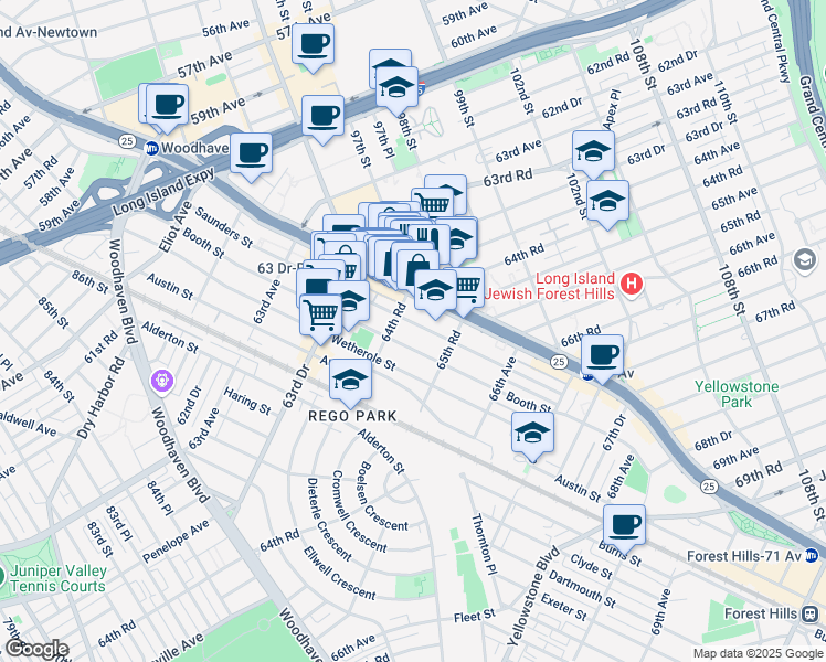 map of restaurants, bars, coffee shops, grocery stores, and more near 49 66th Road in Queens