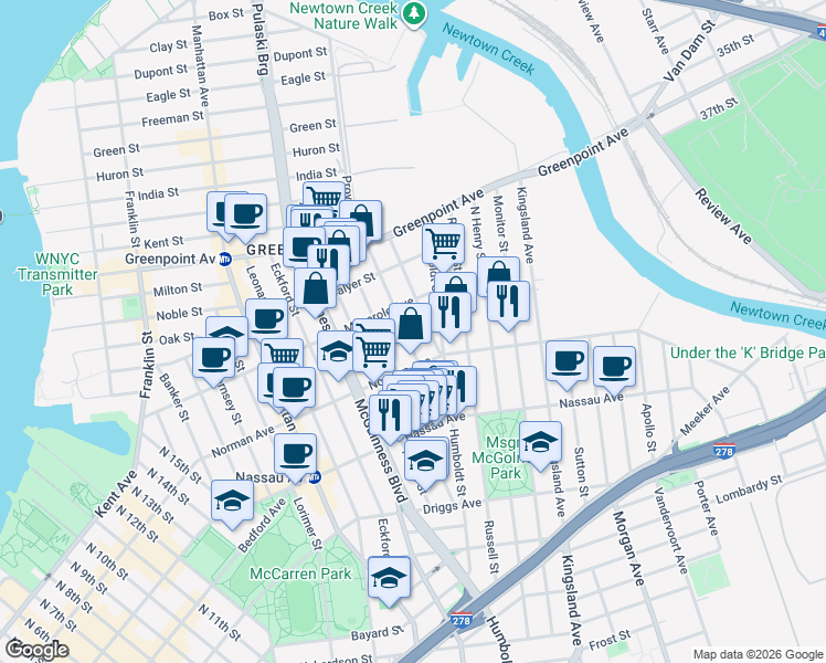 map of restaurants, bars, coffee shops, grocery stores, and more near 80 Jewel Street in Brooklyn