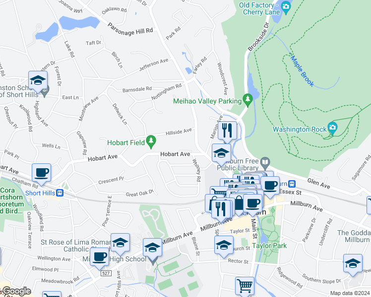 map of restaurants, bars, coffee shops, grocery stores, and more near 21 Hobart Avenue in Essex County