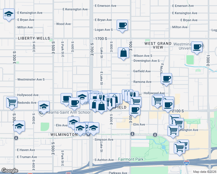 map of restaurants, bars, coffee shops, grocery stores, and more near 1940 800 East in Salt Lake City