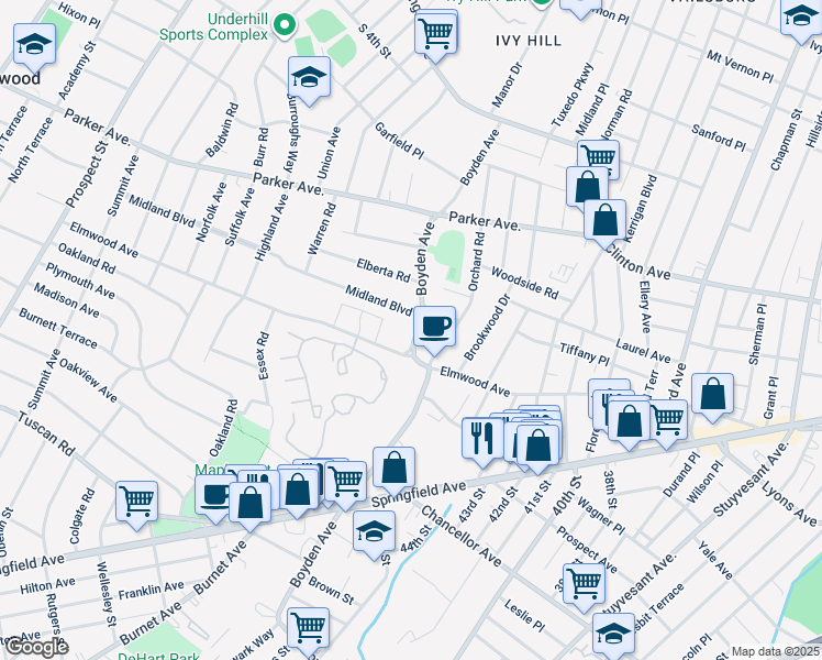 map of restaurants, bars, coffee shops, grocery stores, and more near 99 Boyden Avenue in Maplewood