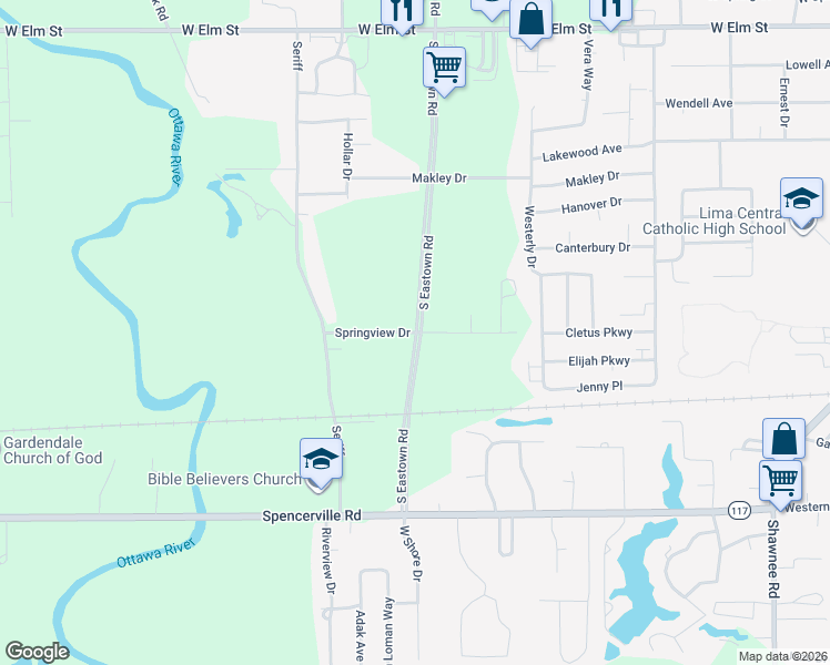 map of restaurants, bars, coffee shops, grocery stores, and more near 3301 Springview Drive in Lima