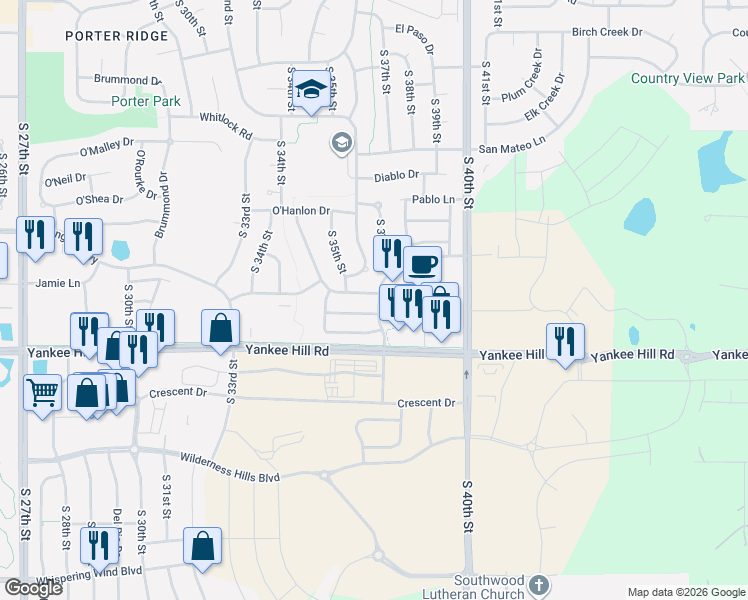 map of restaurants, bars, coffee shops, grocery stores, and more near 3633 Grainger Parkway in Lincoln