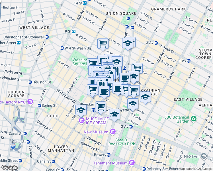 map of restaurants, bars, coffee shops, grocery stores, and more near 700 Broadway in New York