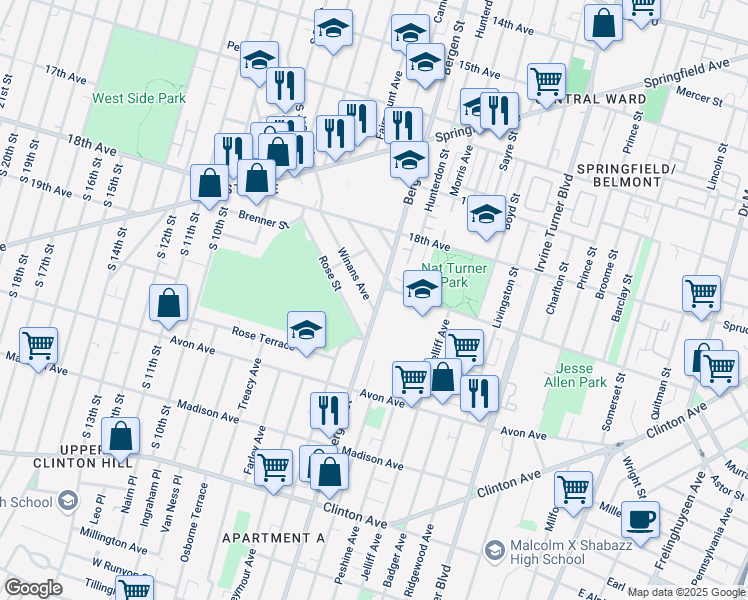 map of restaurants, bars, coffee shops, grocery stores, and more near 94-98 Winans Avenue in Newark