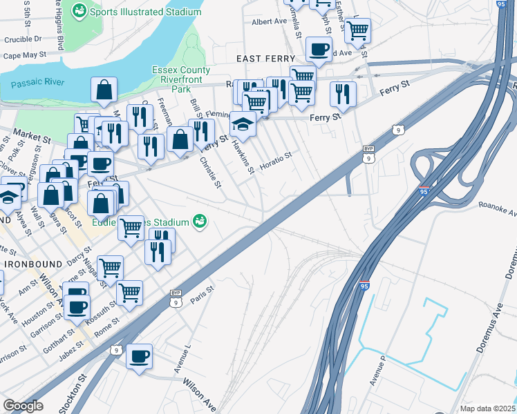 map of restaurants, bars, coffee shops, grocery stores, and more near 107 Hawkins Street in Newark