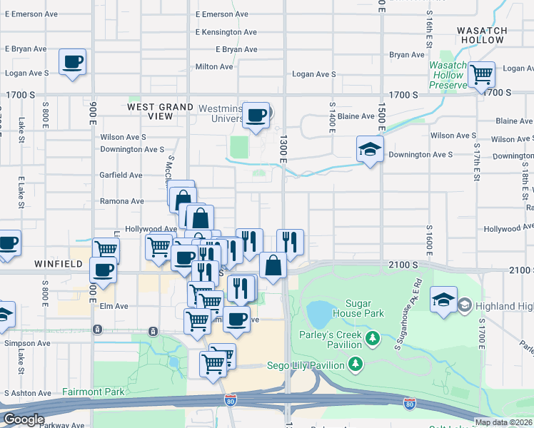 map of restaurants, bars, coffee shops, grocery stores, and more near 1935 Douglas Street in Salt Lake City