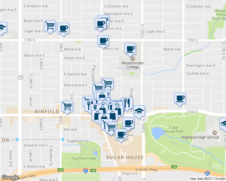 map of restaurants, bars, coffee shops, grocery stores, and more near 1150 Ramona Avenue in Salt Lake City