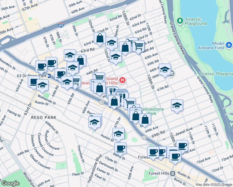 map of restaurants, bars, coffee shops, grocery stores, and more near 99-72 66th Road in Queens