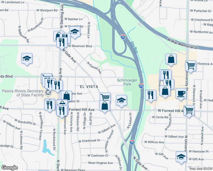 map of restaurants, bars, coffee shops, grocery stores, and more near 3306 N Finnell Ave in Peoria