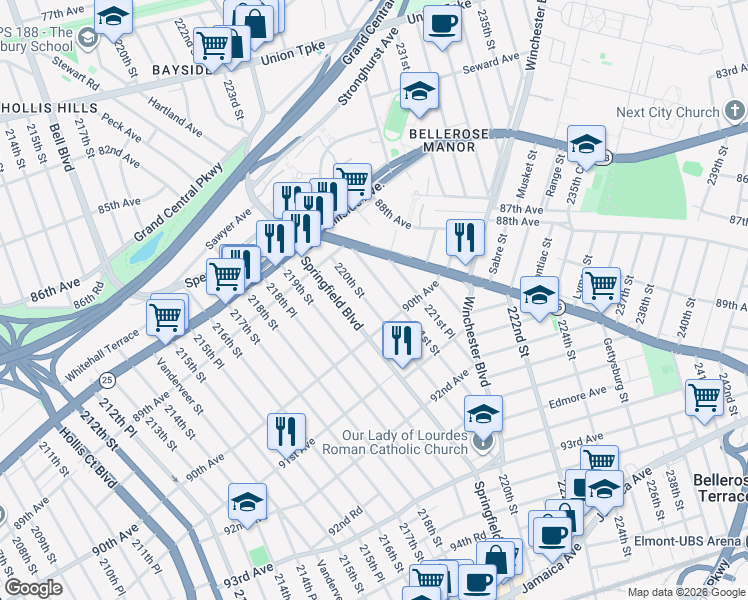 map of restaurants, bars, coffee shops, grocery stores, and more near 89-69 220 Street in Queens