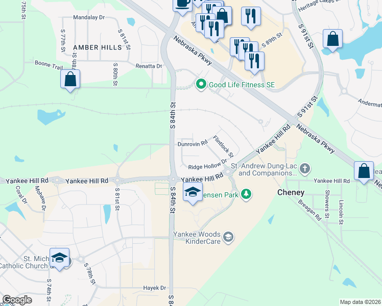 map of restaurants, bars, coffee shops, grocery stores, and more near 8528 Flintlock Circle in Lincoln
