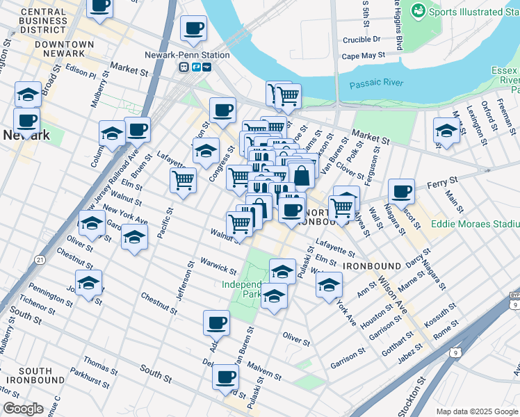 map of restaurants, bars, coffee shops, grocery stores, and more near 281 Lafayette Street in Newark