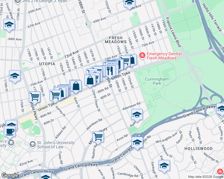map of restaurants, bars, coffee shops, grocery stores, and more near 188th Street in Queens