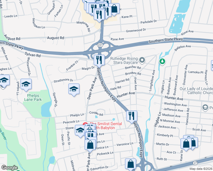 map of restaurants, bars, coffee shops, grocery stores, and more near 56 Kennedy Avenue in North Babylon