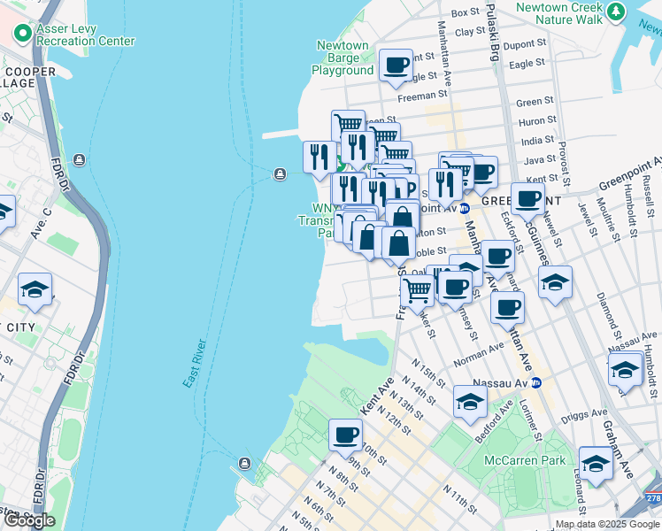 map of restaurants, bars, coffee shops, grocery stores, and more near 2 Noble Street in Brooklyn