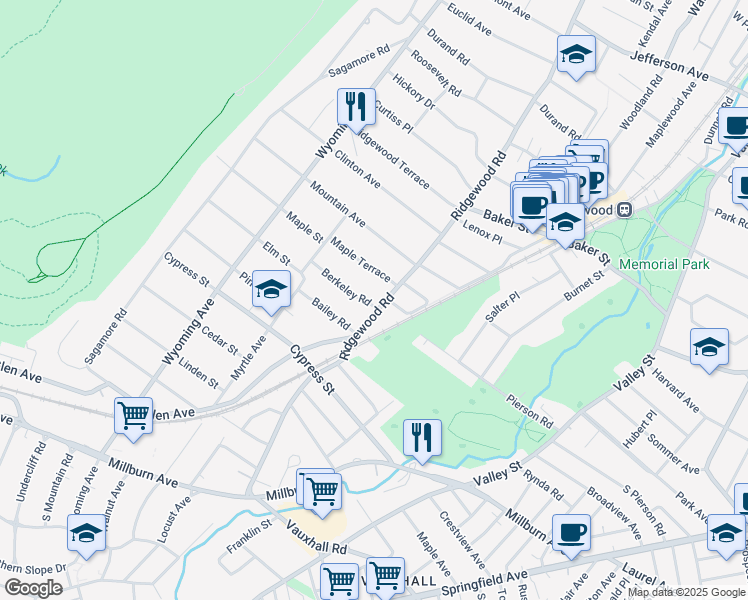 map of restaurants, bars, coffee shops, grocery stores, and more near 5 Berkeley Road in Maplewood