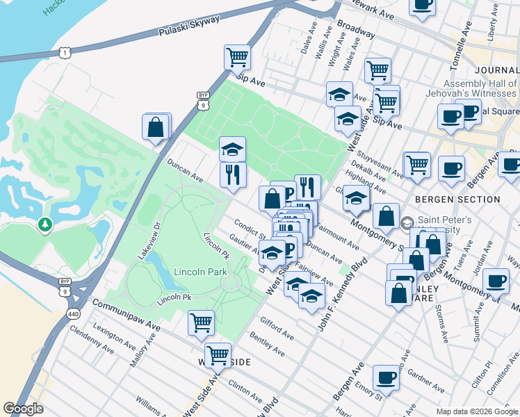 map of restaurants, bars, coffee shops, grocery stores, and more near 226 Duncan Avenue in Jersey City