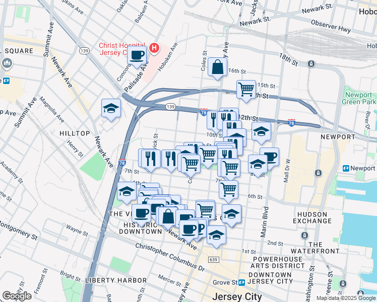 map of restaurants, bars, coffee shops, grocery stores, and more near in Jersey City