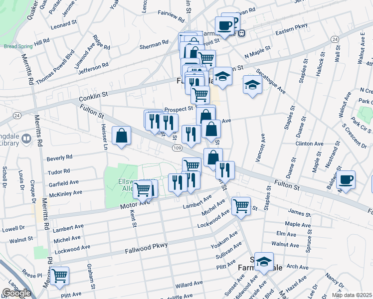 map of restaurants, bars, coffee shops, grocery stores, and more near 655 Fulton Street in Farmingdale