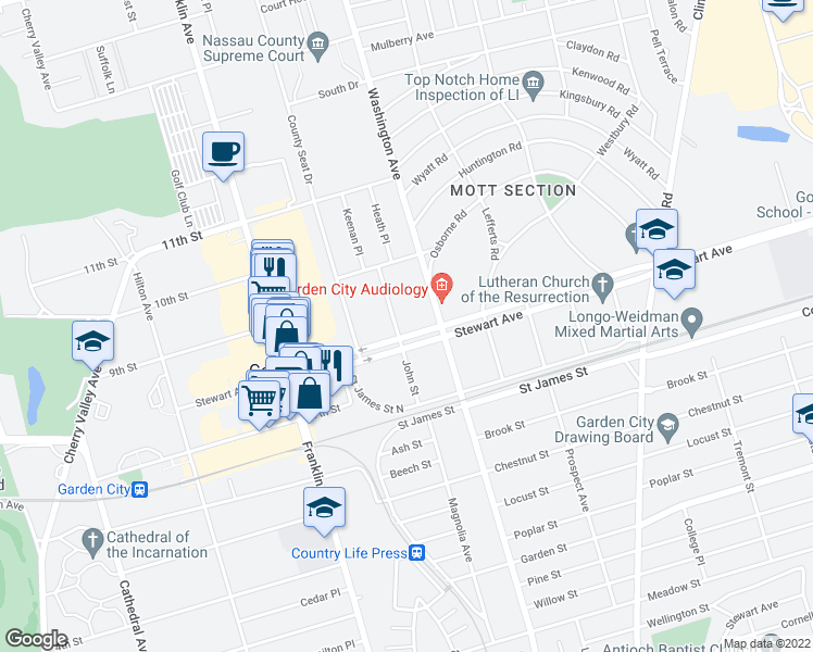 map of restaurants, bars, coffee shops, grocery stores, and more near 381 Stewart Avenue in Garden City