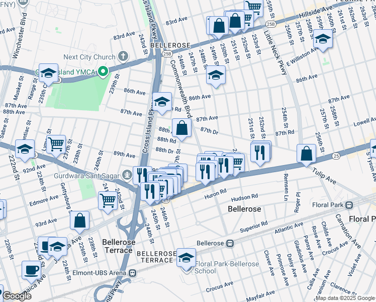 map of restaurants, bars, coffee shops, grocery stores, and more near 247-11 88th Drive in Queens