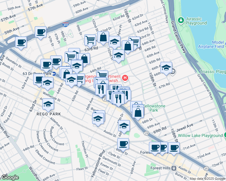 map of restaurants, bars, coffee shops, grocery stores, and more near 6611 99th Street in Queens