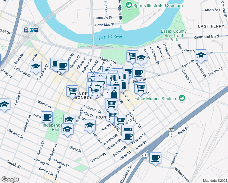 map of restaurants, bars, coffee shops, grocery stores, and more near 11 Niagara Street in Newark