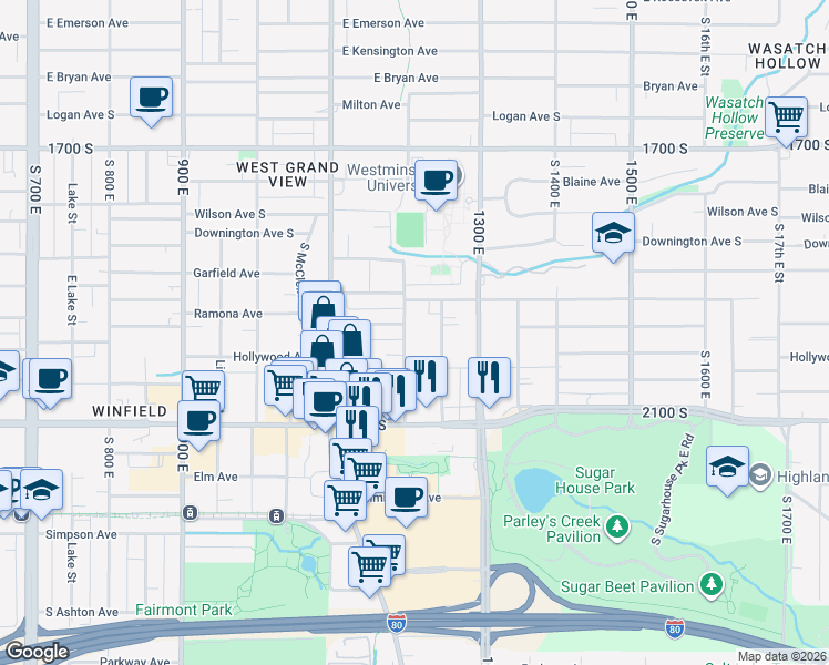 map of restaurants, bars, coffee shops, grocery stores, and more near 1937 South 12th East in Salt Lake City