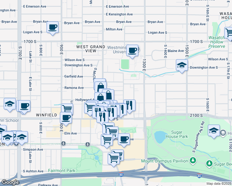 map of restaurants, bars, coffee shops, grocery stores, and more near 1150 Ramona Avenue in Salt Lake City