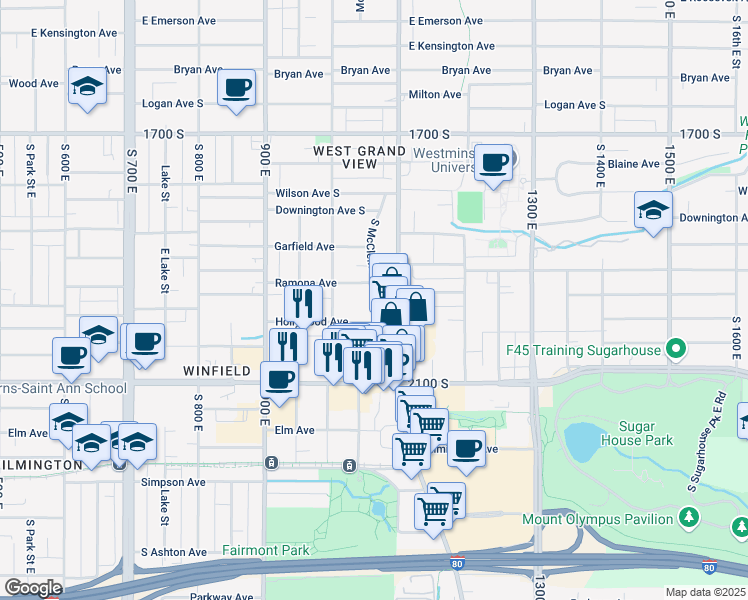 map of restaurants, bars, coffee shops, grocery stores, and more near 1932 South McClelland Street in Salt Lake City