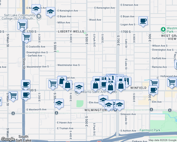 map of restaurants, bars, coffee shops, grocery stores, and more near 523 Ramona Avenue in Salt Lake City