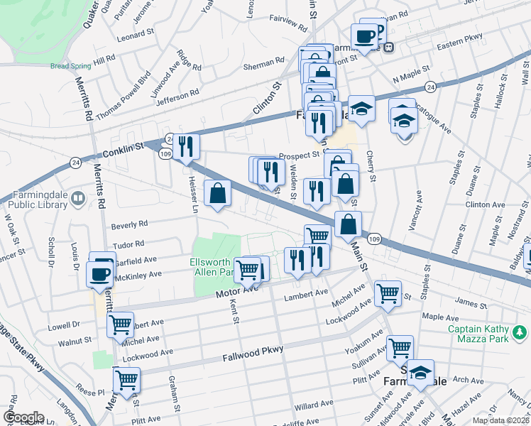 map of restaurants, bars, coffee shops, grocery stores, and more near 16 Gwynne Lane in Farmingdale