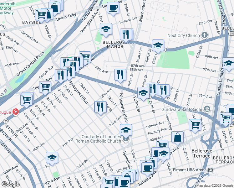 map of restaurants, bars, coffee shops, grocery stores, and more near 90-16 Borkel Place in Queens