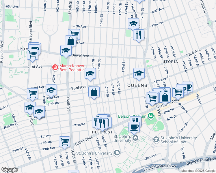 map of restaurants, bars, coffee shops, grocery stores, and more near 73-25 171st Street in Queens