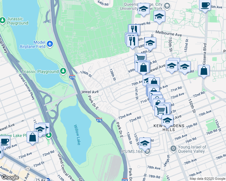 map of restaurants, bars, coffee shops, grocery stores, and more near 69-68 137th Street in Queens