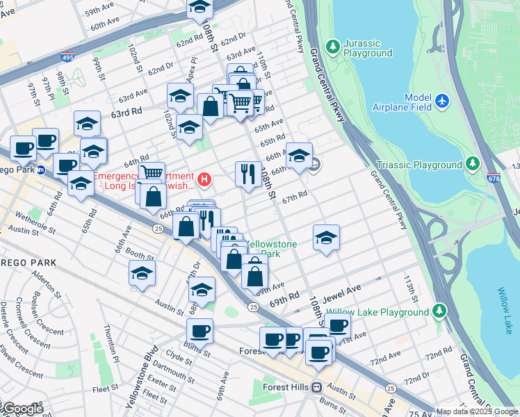 map of restaurants, bars, coffee shops, grocery stores, and more near 105-34 67th Avenue in Queens