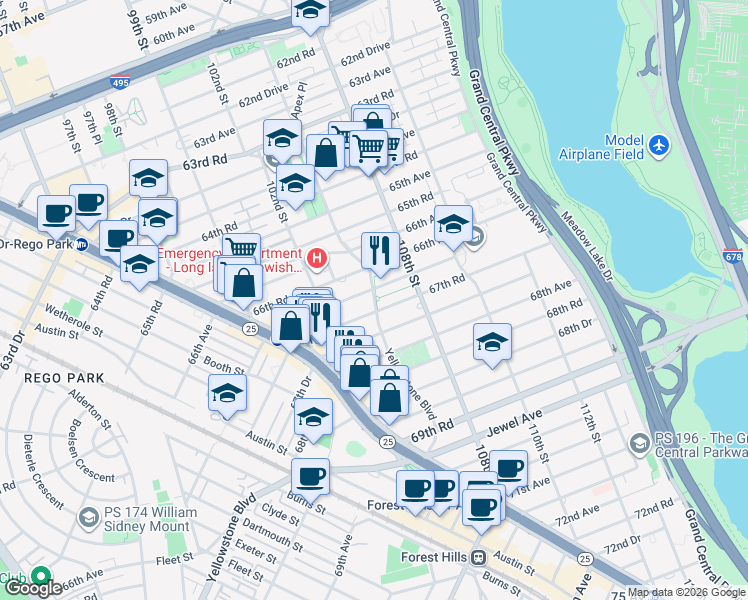 map of restaurants, bars, coffee shops, grocery stores, and more near 67-12 Yellowstone Boulevard in Queens