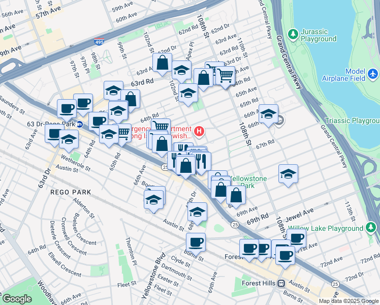 map of restaurants, bars, coffee shops, grocery stores, and more near 9952 66th Road in Queens