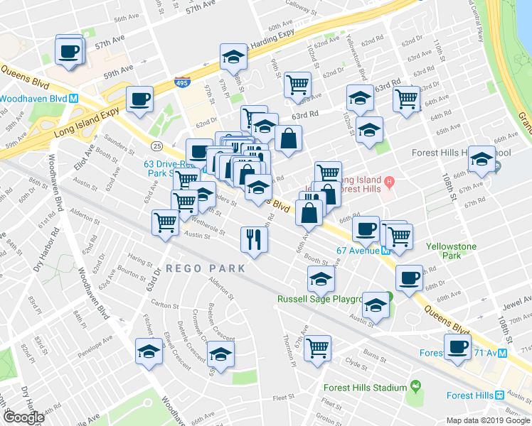 map of restaurants, bars, coffee shops, grocery stores, and more near 9714 65th Road in Queens