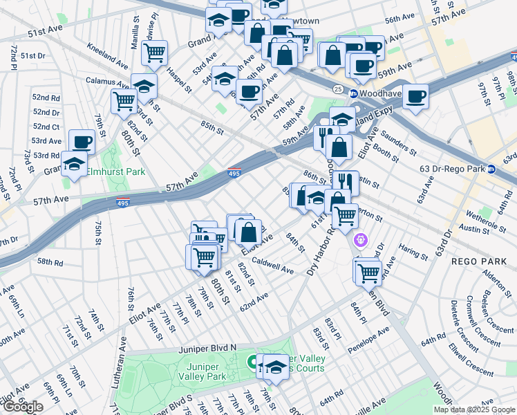 map of restaurants, bars, coffee shops, grocery stores, and more near 83-36 60th Avenue in Queens