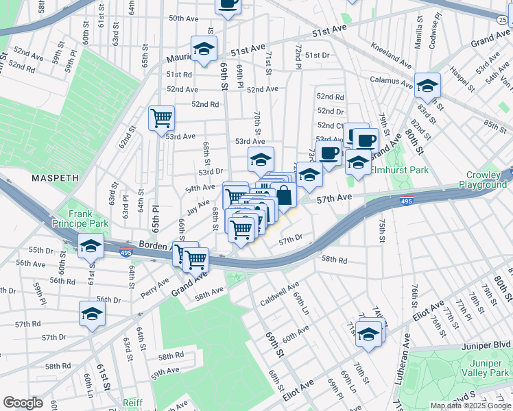 map of restaurants, bars, coffee shops, grocery stores, and more near 54-35 69th Place in Queens
