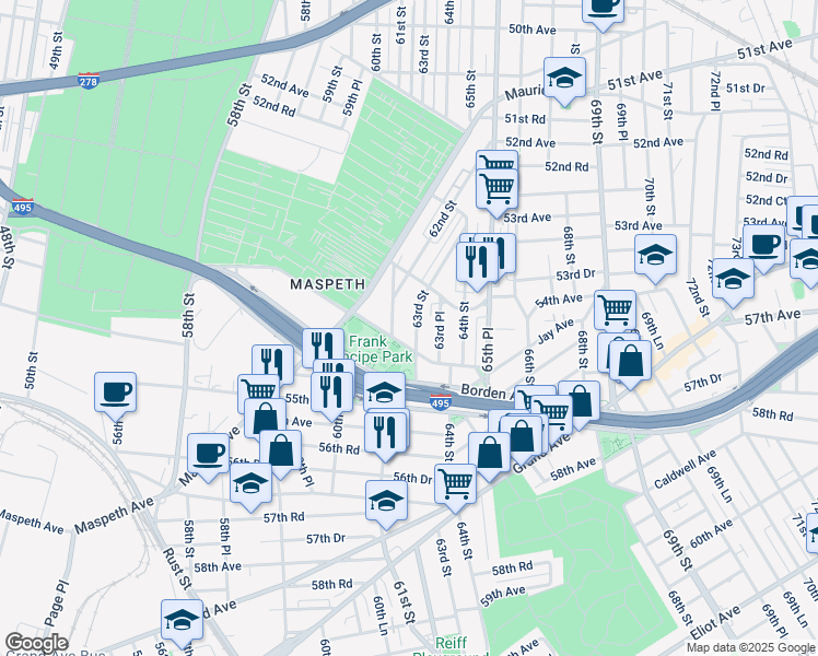 map of restaurants, bars, coffee shops, grocery stores, and more near 53-134 63rd Street in Queens