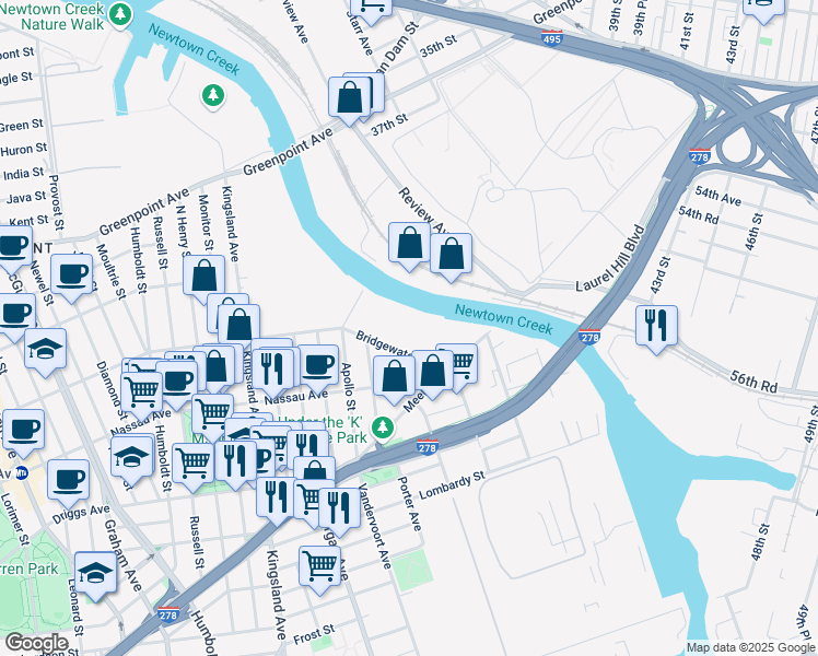 map of restaurants, bars, coffee shops, grocery stores, and more near 42 Bridgewater St in Brooklyn