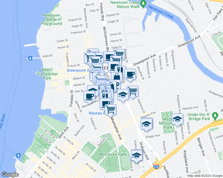 map of restaurants, bars, coffee shops, grocery stores, and more near 257 Eckford Street in Brooklyn