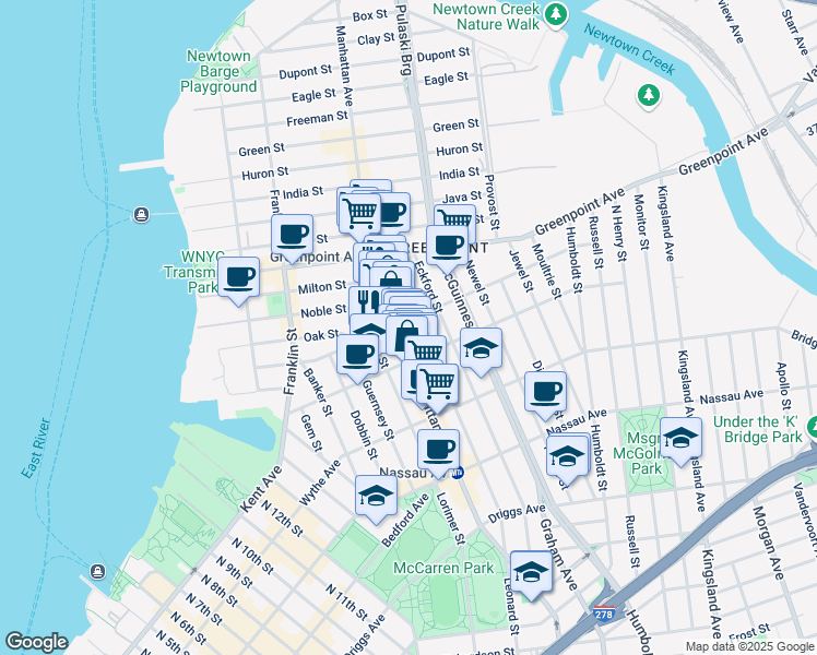 map of restaurants, bars, coffee shops, grocery stores, and more near 802 Manhattan Avenue in Brooklyn