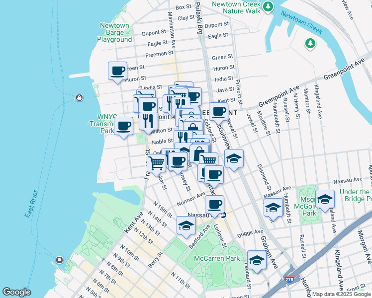 map of restaurants, bars, coffee shops, grocery stores, and more near 1097 Lorimer Street in Brooklyn