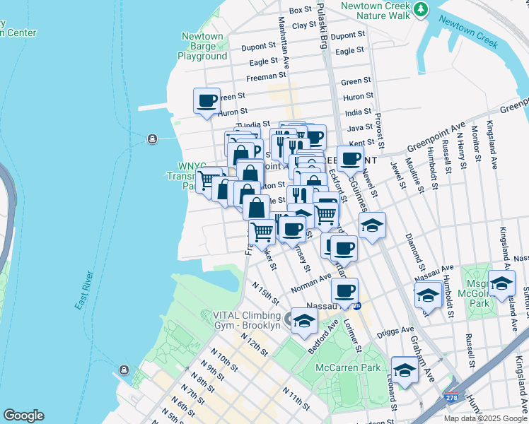 map of restaurants, bars, coffee shops, grocery stores, and more near 121 Oak Street in Brooklyn