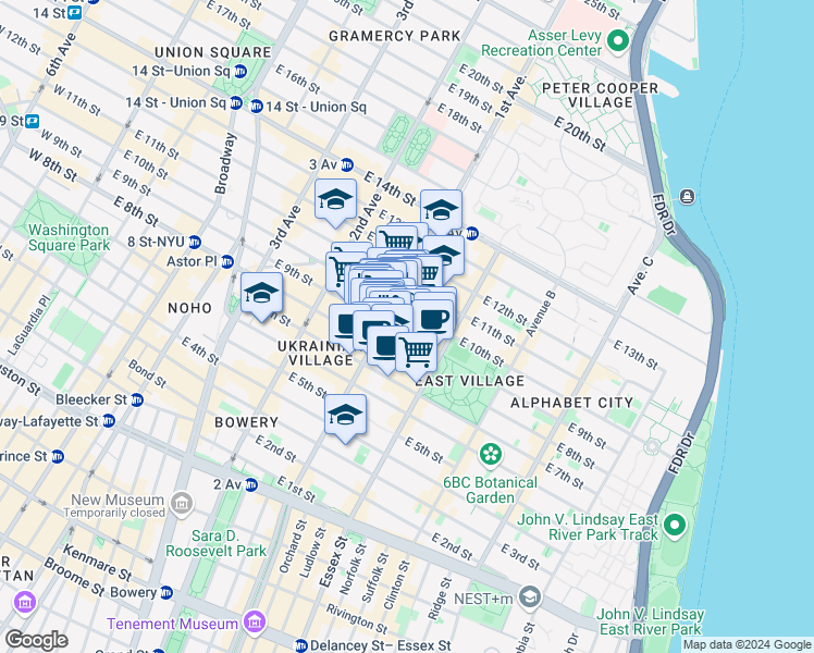map of restaurants, bars, coffee shops, grocery stores, and more near 246 East 10th Street in New York