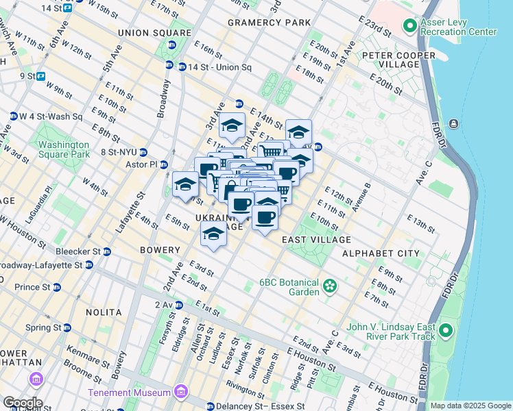 map of restaurants, bars, coffee shops, grocery stores, and more near 69 Saint Marks Place in New York